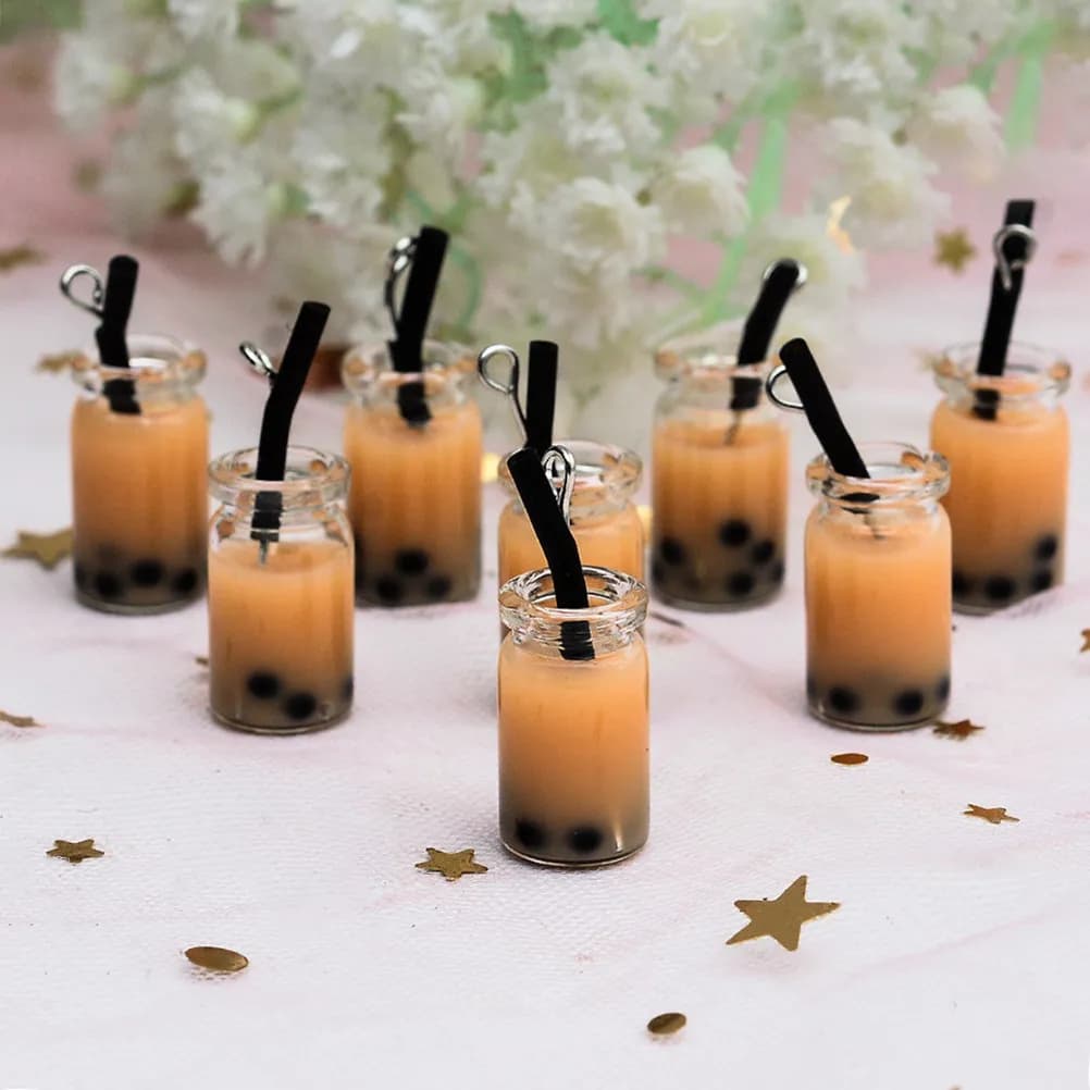 20Pcs Simulation Pearl Milk Tea Cup Pendant Key Ring DIY Earrings Resin Jewelry Random Colors Black Straw for Party Wedding