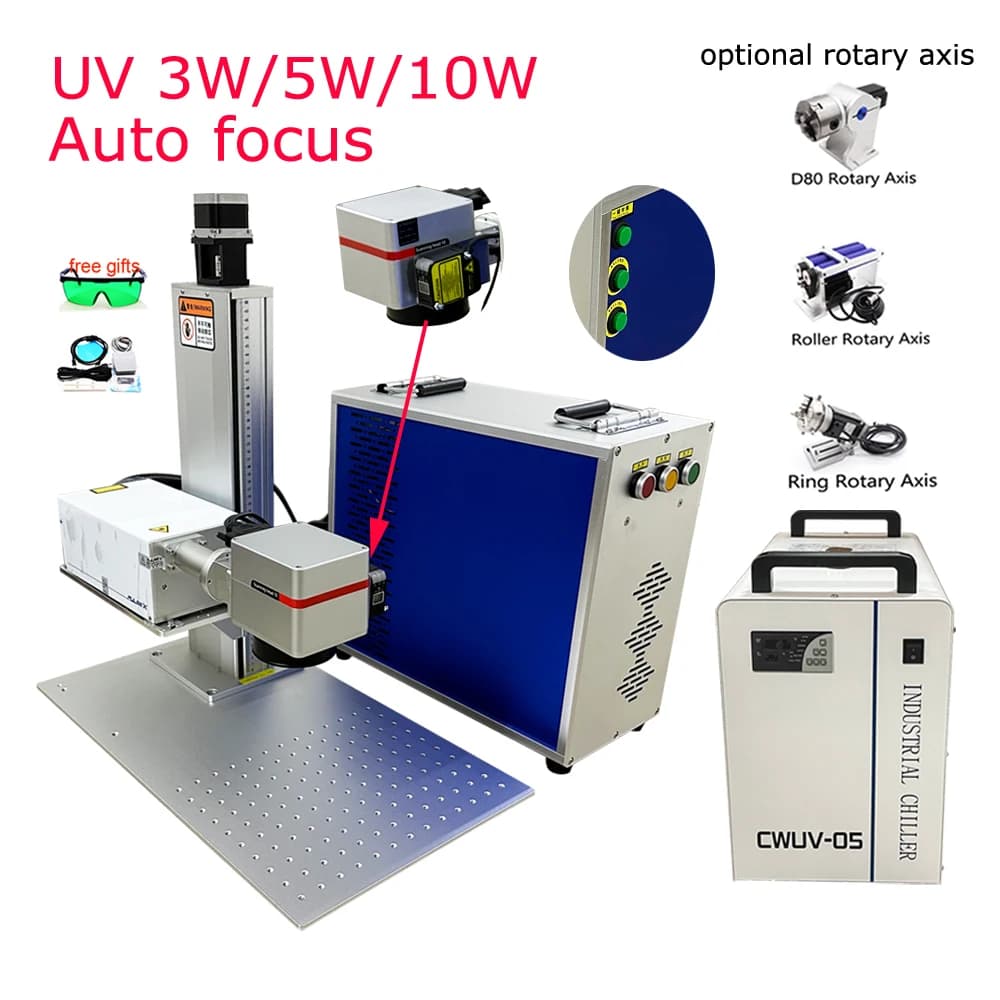 Macchina per Marcatura Laser UV 3W 5W 10W con Raffreddamento ad Acqua, Supporto Autofocus, per Incisione su Vetro, Metallo, Plastica, Cristallo, Legno, Compatibile con EZCAD