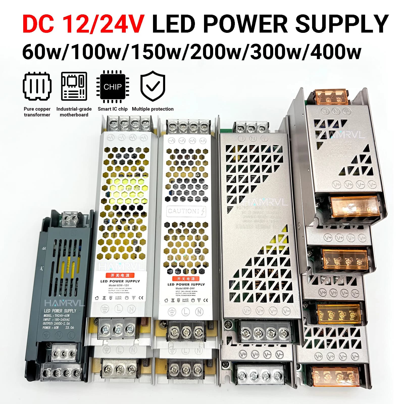 Driver per strisce LED ultrasottili 12V/24V - 60W/100W/150W/200W/300W/400W Alimentatore a tensione costante per illuminazione domestica/commerciale
