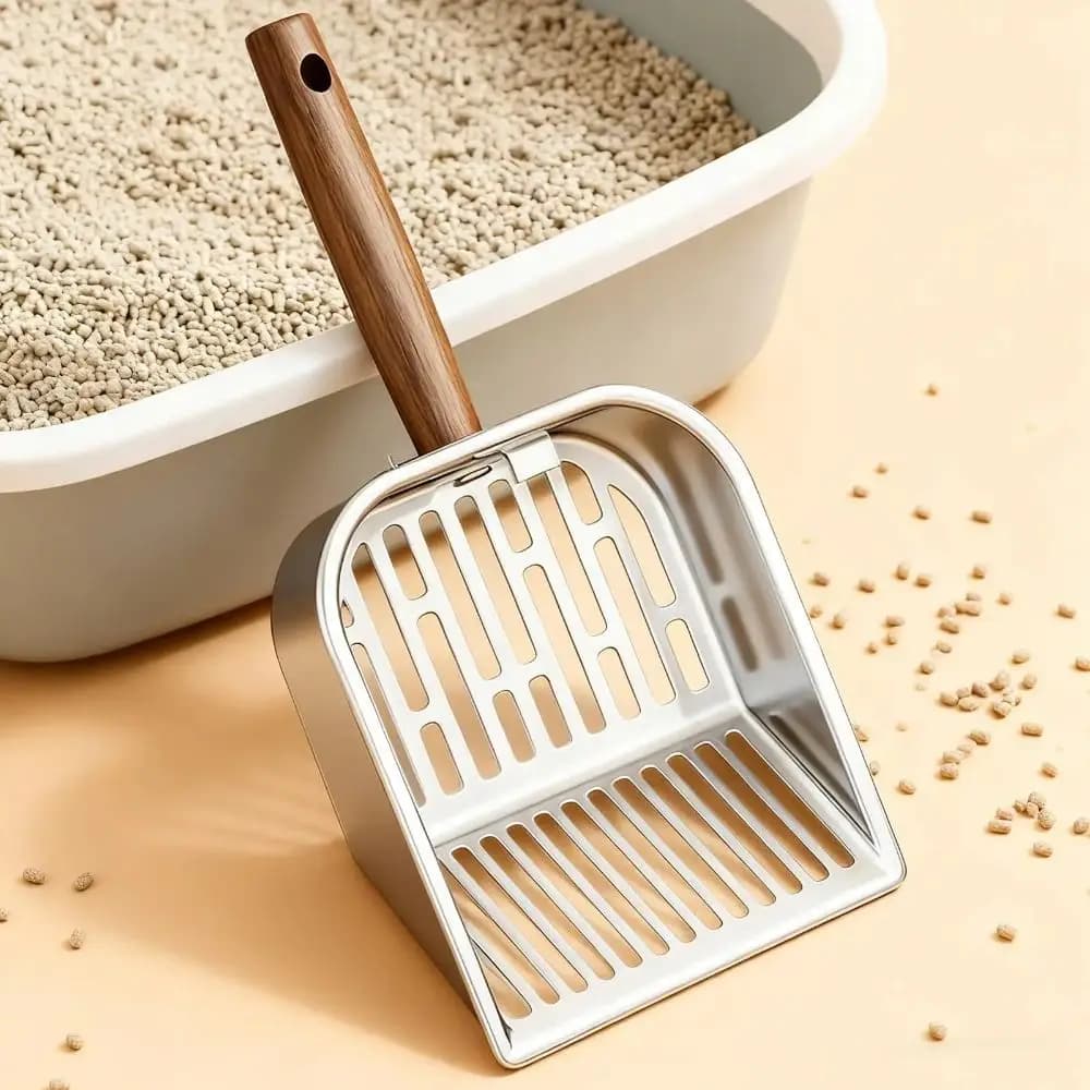 Paletta per lettiera per gatti in acciaio inossidabile con manico lungo, design cavo, paletta per lettiera con manico in legno, paletta profonda