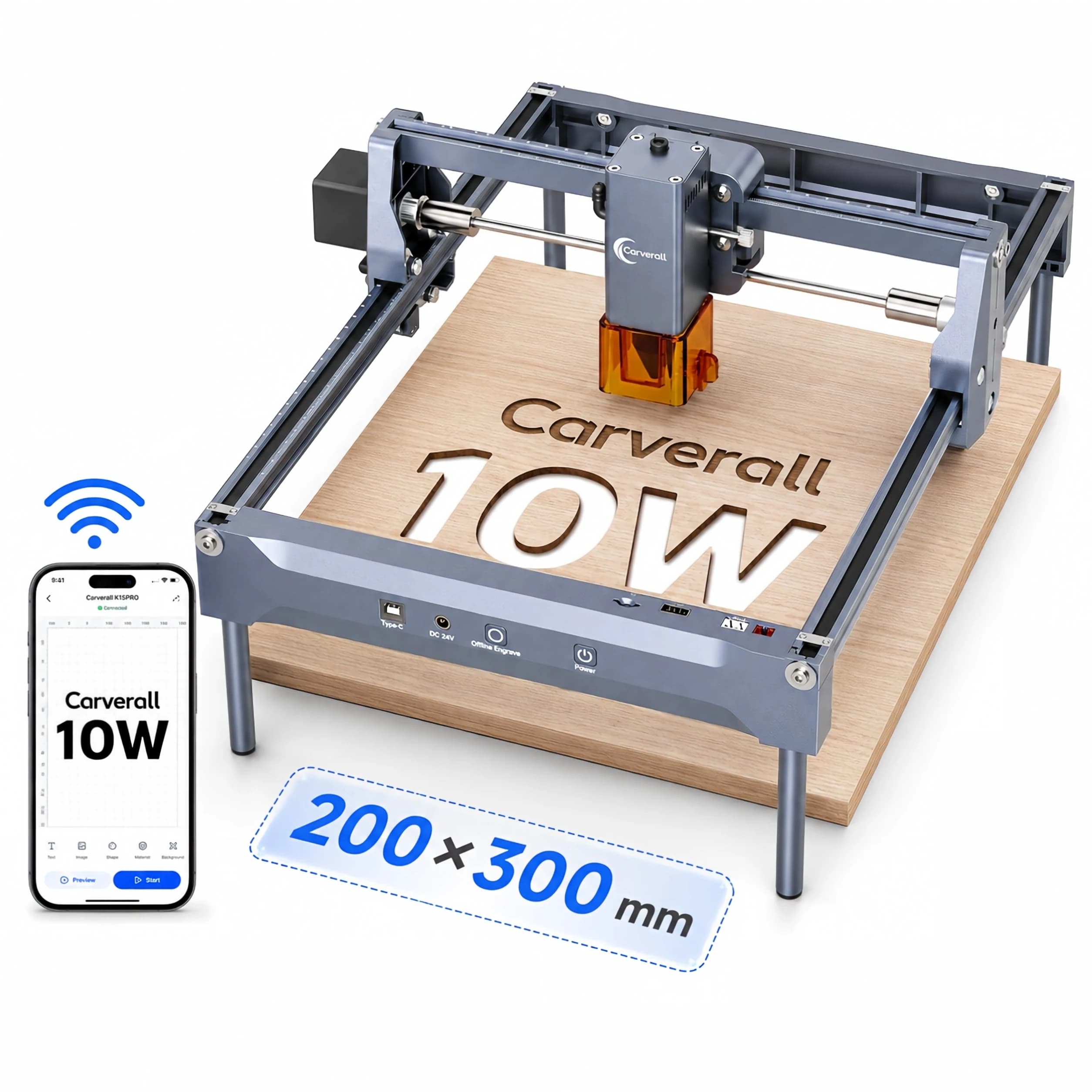 Carverall K15PRO 10W Diode Laser Engraver Cutter, Desktop CNC Laser Engraving Machine for Wood Acrylic Leather Coated Metal Cards Glass Surface Gifts Signs Photo Logo Keychains DIY Crafts Small Business, 200x300mm, App Control, Free Software