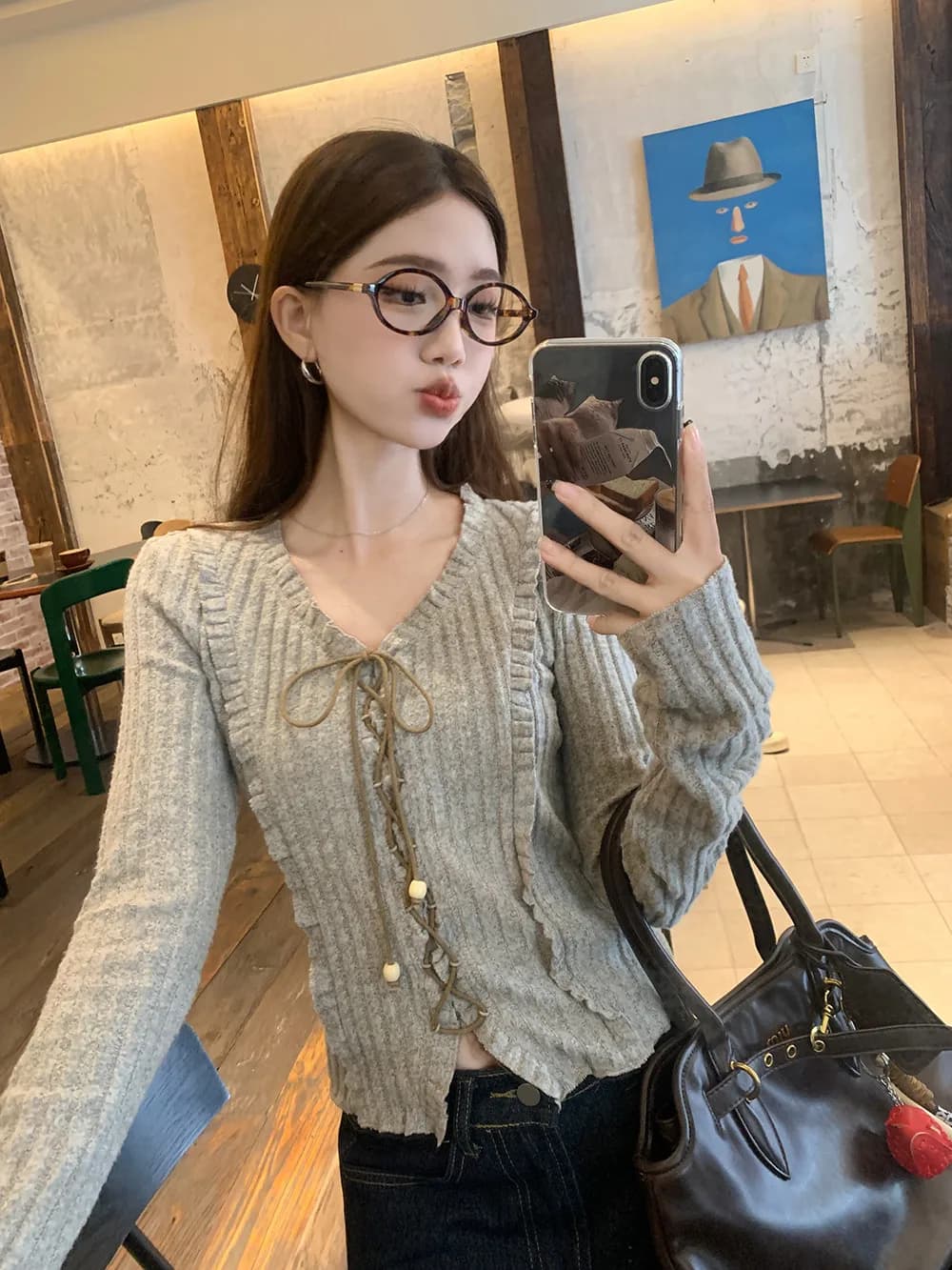 Early Autumn Short Knitted Long Sleeve V-Neck Sweater Belt Design Slimming Style Women's Commute Fashion T-Shirt Korean Version