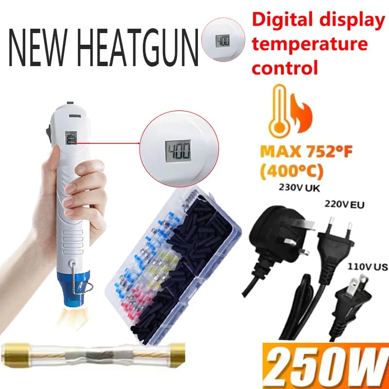 220V PISTOLA DI CALORE Pistola ad aria calda Alimentazione elettrica Ventilatore di temperatura 250W Display FAI DA TE Goffratura Involucro termoretraibile Riparazione cavi in PVC