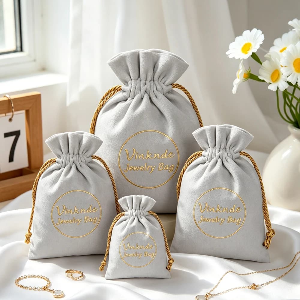 100 Pezzi Sacchetti Personalizzati in Velluto Scamosciato Grigio con Coulisse per Gioielli, Sacchetti Regalo per Matrimoni, Profumi, Orecchini, Anelli, Spille