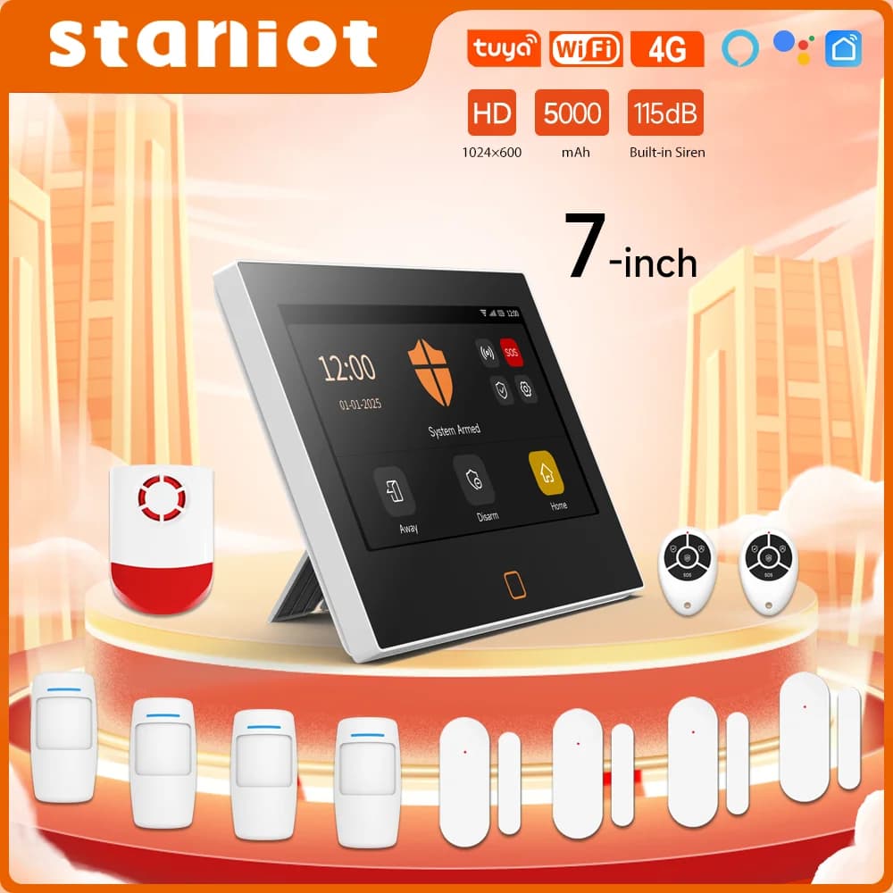 Staniot Sistema di Allarme Domestico da 7 pollici Wireless WiFi 4G Tuya Kit di Protezione di Sicurezza Intelligente Sirena Più Forte da 115 dB Batteria da 5000 mAh