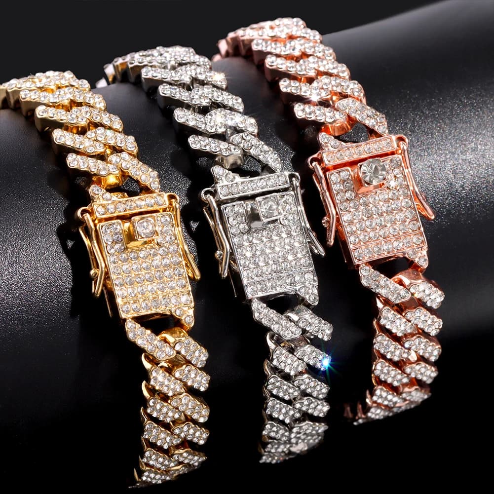 Iced Out Prong Cuban Link Chain bracciali donna uomo 2 Row strass Rhombus bracciale a catena cubana Wristband gioielli Punk