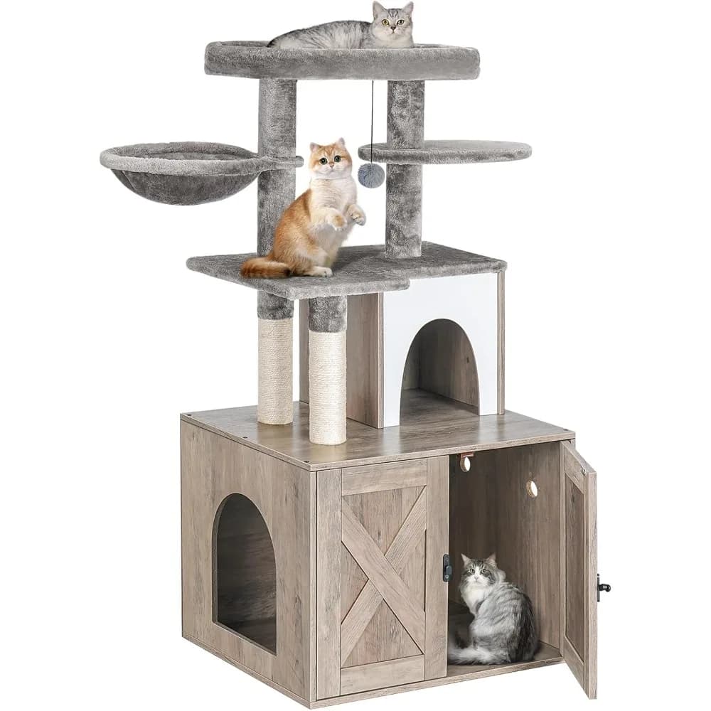 Snughome Lettiera per gatti con torre sull'albero e condominio, mobili da bagno nascosti con tiragraffi in sisal e morbido peluche