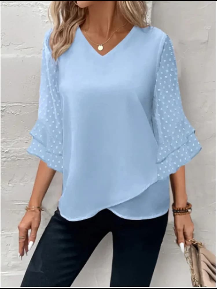 Elegant Autumn Top Solid Color V-Neck Long Sleeve Blouse Women's Fashion Commuting T-Shirt