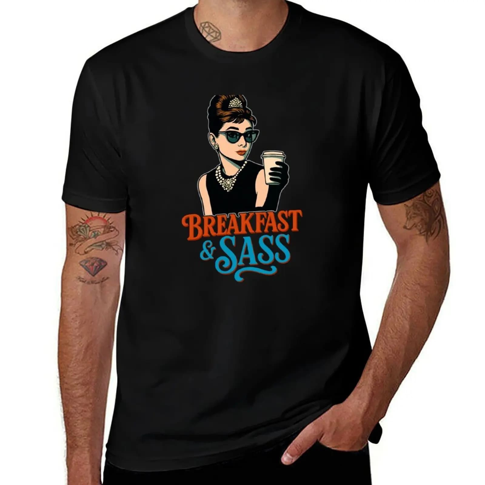 Audrey Hepburn – Breakfast & Sass Retro Pop Culture Design T-Shirt Breathable Workout Short Sleeve Top T-Shirt