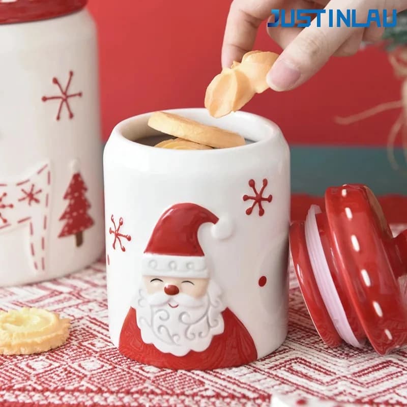 JUSTINLAU Babbo Natale Alce Albero Rotondo Barattolo Sigillato in Ceramica Confitato Frutta Secca Noci Contenitore per la Conservazione degli Alimenti Accessori da Cucina