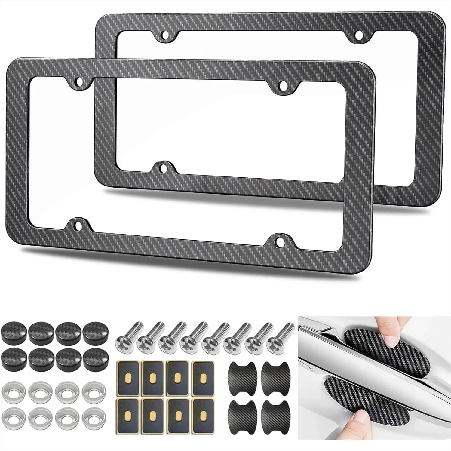 Carbon Fiber License Plate Frame 2 Pack, Black ABS Car Tag Holder with Screw Caps and Door Handle Stickers