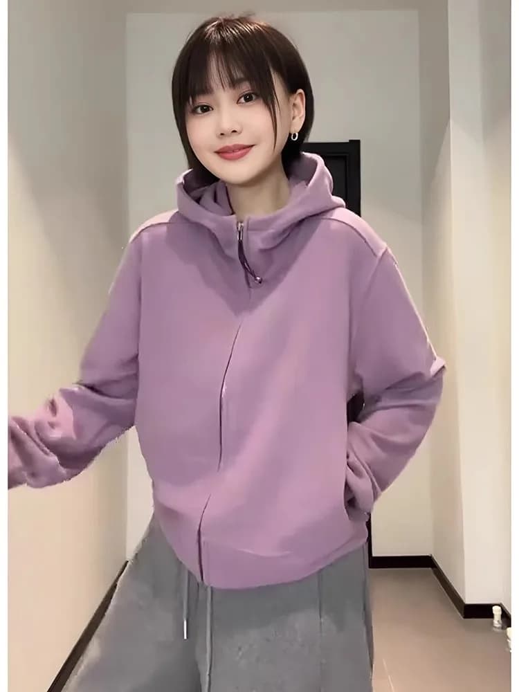 Cardigan con cappuccio da donna casual e ampio, viola, con collo alto, nuovo modello autunnale, taglie forti, confortevole e traspirante