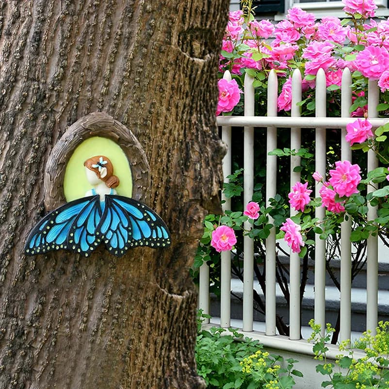 Ornamento a forma di farfalla in resina che si illumina al buio per la decorazione di alberi da giardino all'aperto, impermeabile e che assorbe la luce