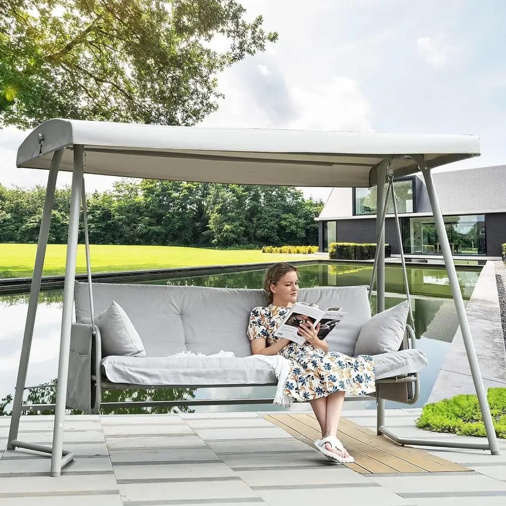 Dondolo da Esterno for 4 Persons with Adjustable Backrest, Capacity 360 kg, Garden Shower Chair with Pillows and Gloves