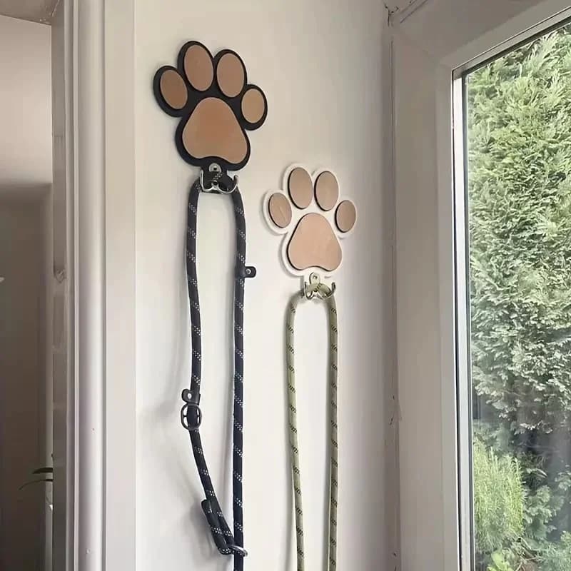 Paw Print Wooden Dog Leash Hanger Wall Hook for Collars & Coats Wood with Paw Design Leash Holder Claw Hook Gift for Dogs Lover
