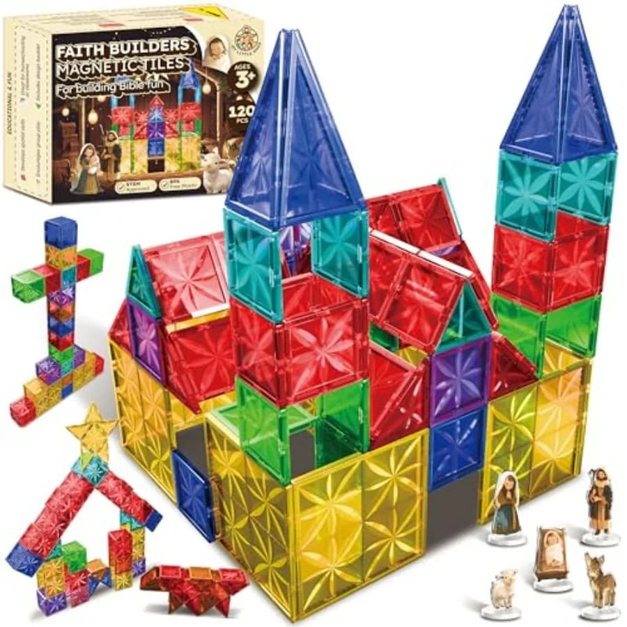 Faith Builders Piastrelle Magnetiche 80 Pezzi Set Giocattolo Cristiano con Figurine Bibliche Costruisci una Chiesa Croce Presepe Fienile Apprendimento STEM
