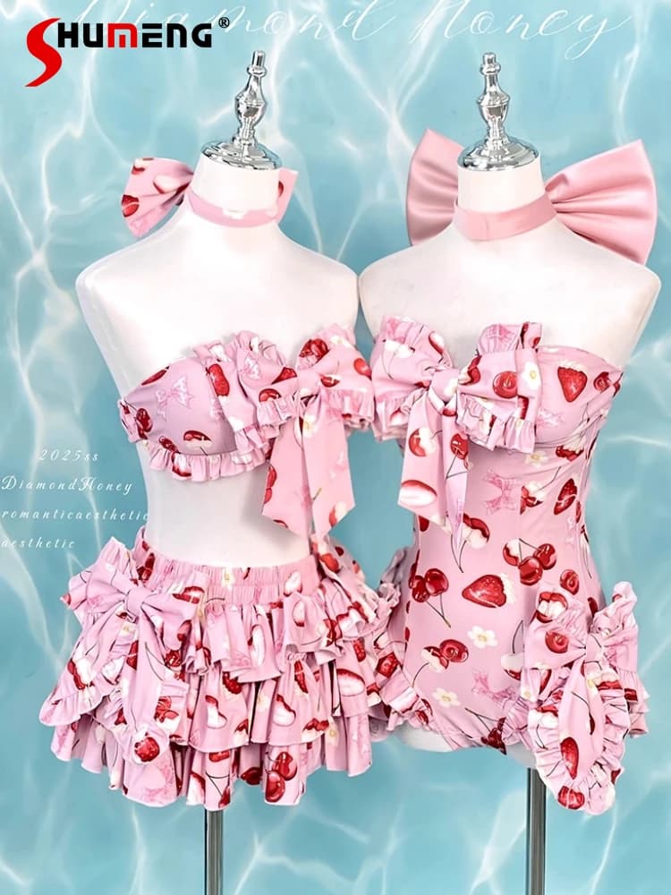 Island Vacation Costume da bagno estivo delle nuove donne Dolce e carino rosa Costumi da bagno in due pezzi Costume da bagno intero da ragazza Bikini sexy da donna
