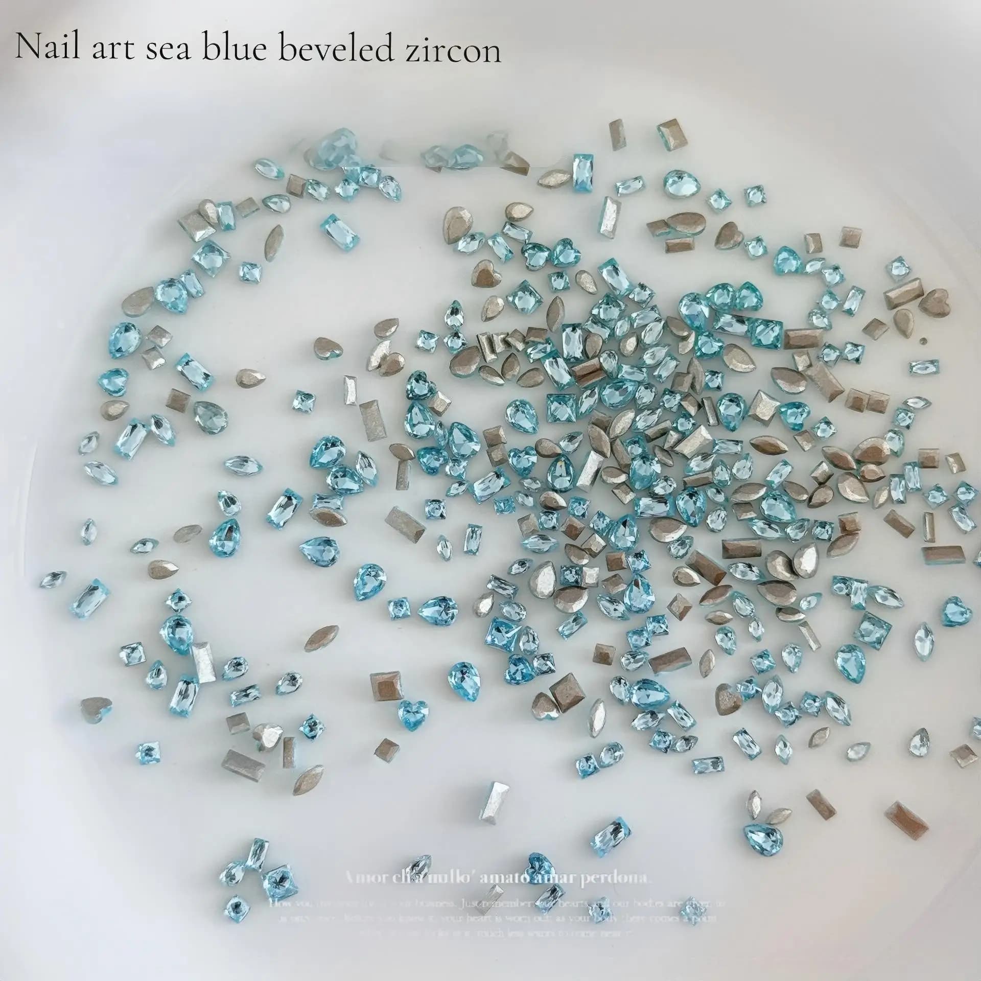 50PCS Sea Blue Beveled Flat-Back Nail Art Zircon Various Shapes Faceted Crystals For Daily Casual Ocean Manicure Decoration