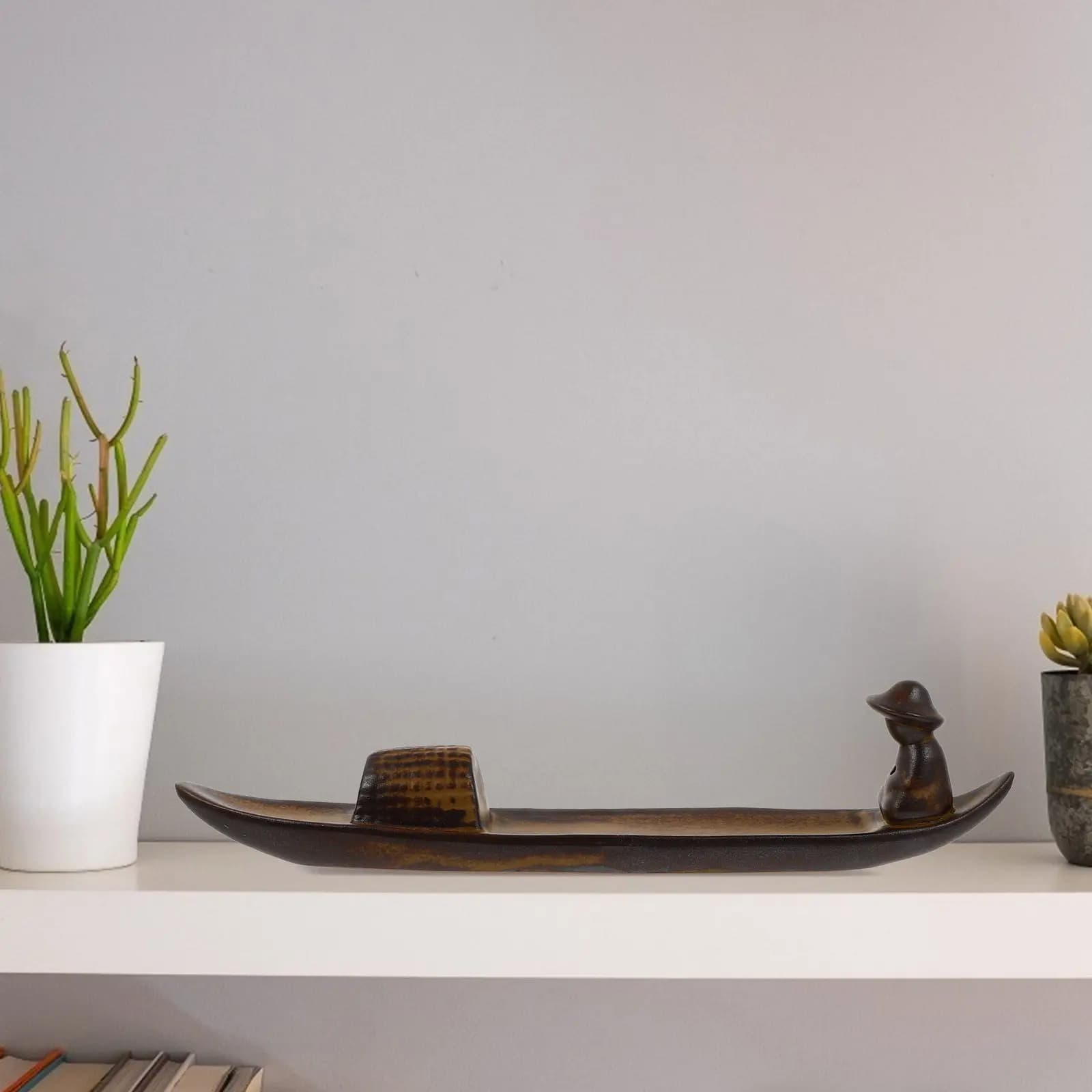 1 Pezzo Bruciatore di Incenso a Forma di Barca in Ceramica Marrone Chiaro Classico con Raccoglitore di Ceneri Migliorato per Sala Yoga, Spa, Bagno