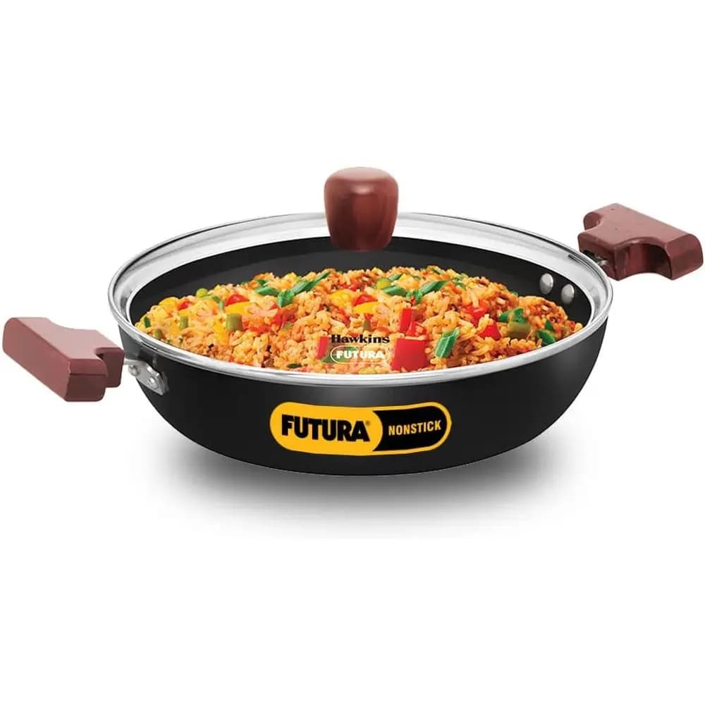 Padella Antiaderente Bassa da 2,5L con Coperchio in Vetro, Compatibile con Induzione, per Frittura Profonda, Nera