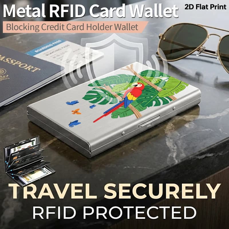 Portacarte in Metallo Sottile con Blocco RFID, Stampa Pappagallo Tropicale e Foglia di Monstera, Custodia per Carte di Credito Antifurto in Alluminio Ultra Sottile