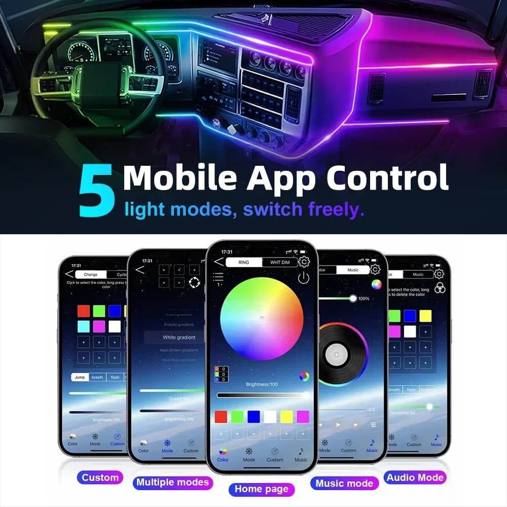 Kit luce ambientale RGB acrilica per interni auto, controllo APP a doppia zona, striscia streamer a 213 colori per l'arredamento del vano piedi della porta del cruscotto