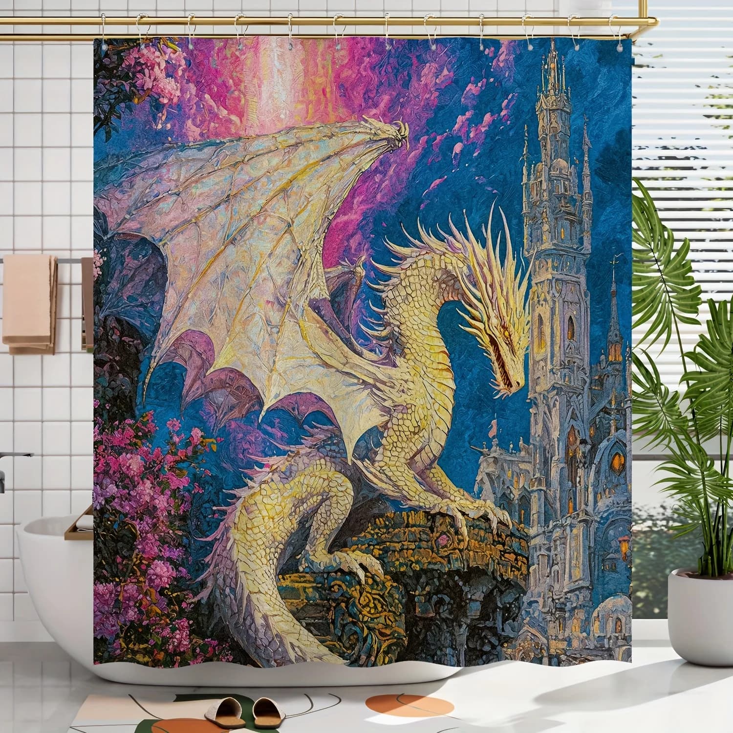 1pc Spring & Summer White Dragon Pattern Digital Print Shower Curtain, Bathroom Decoration Home Decor, Gift Hooks Included, Mach