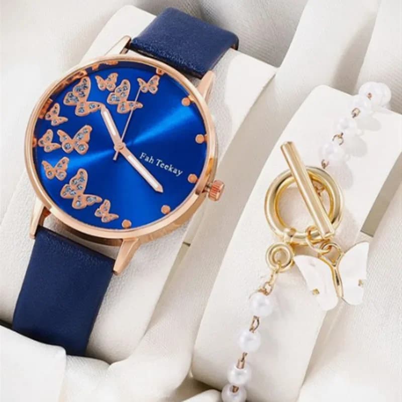 New Simple Analog Wrist Watch Women's Casual Bracelet 2 Piece Set Women's Butterfly Watch Fashion Gift Relógio Female