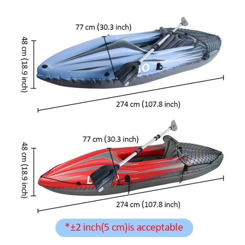 Barca gonfiabile per kayak da viaggio all'aperto portatile in PVC blu rosso per una persona con pagaia e pompa d'aria