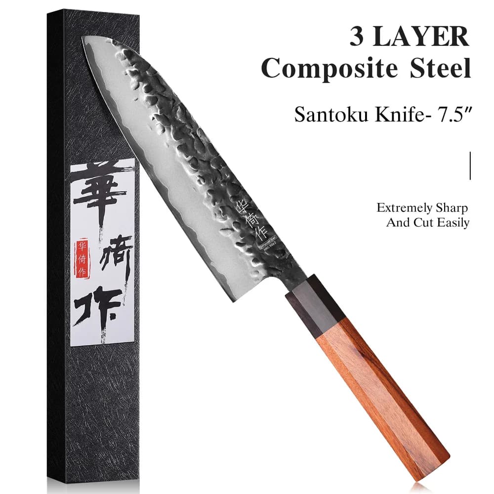 7.5" Japanese 3-layer Composite Steel Professional Chef Knife Slicing Utility Cooking Kitchen Knives Hand Forged Santoku Knife