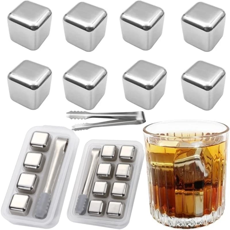 Set di 4/6/8/12 Cubetti di Ghiaccio in Acciaio Inox con Pinza, Riutilizzabili per Raffreddare Whisky e Vino, Accessori da Bar