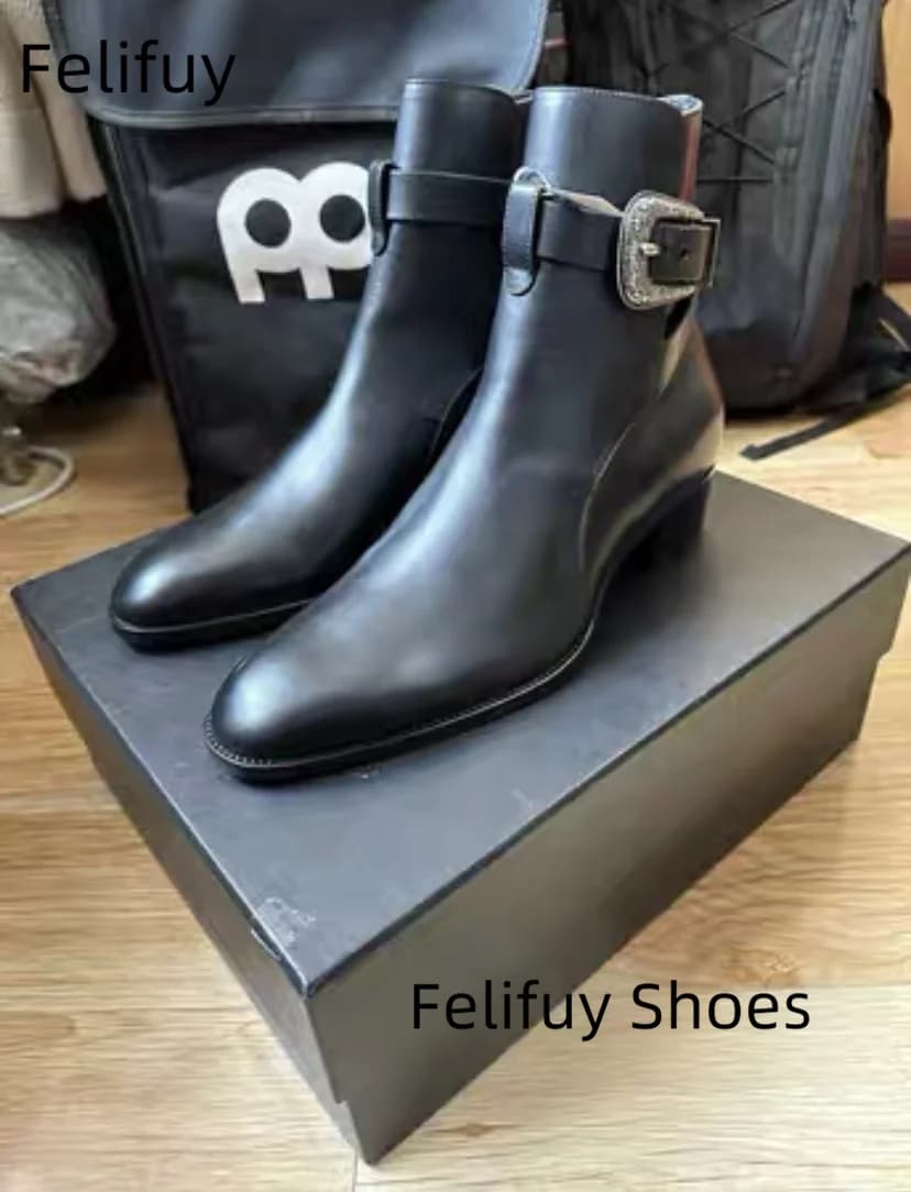 Stivaletti con fibbia per cintura in vera mucca nera britannica Stivaletti da barbiere con tacco quadrato da uomo Scarpe da esterno Stivali vintage da uomo