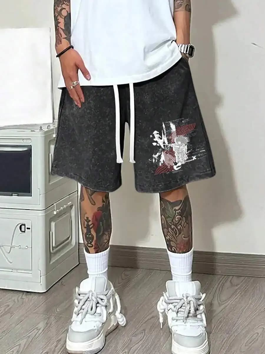 Samurai Street Art Printed Washed Denim Shorts For Men Casual Urban Wear