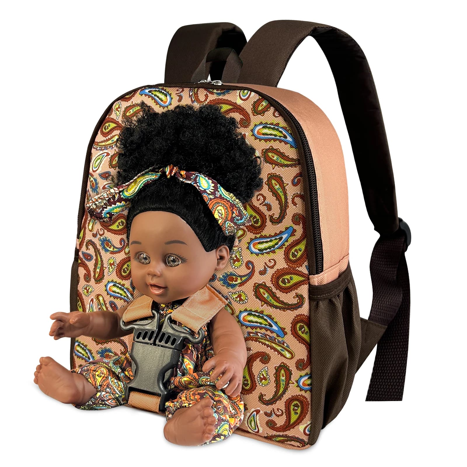 Bambola Nera in Zaino Portatile 10 Pollici Bambola Afroamericana per Bambini e Ragazzi Zaino per Conservazione Bambole