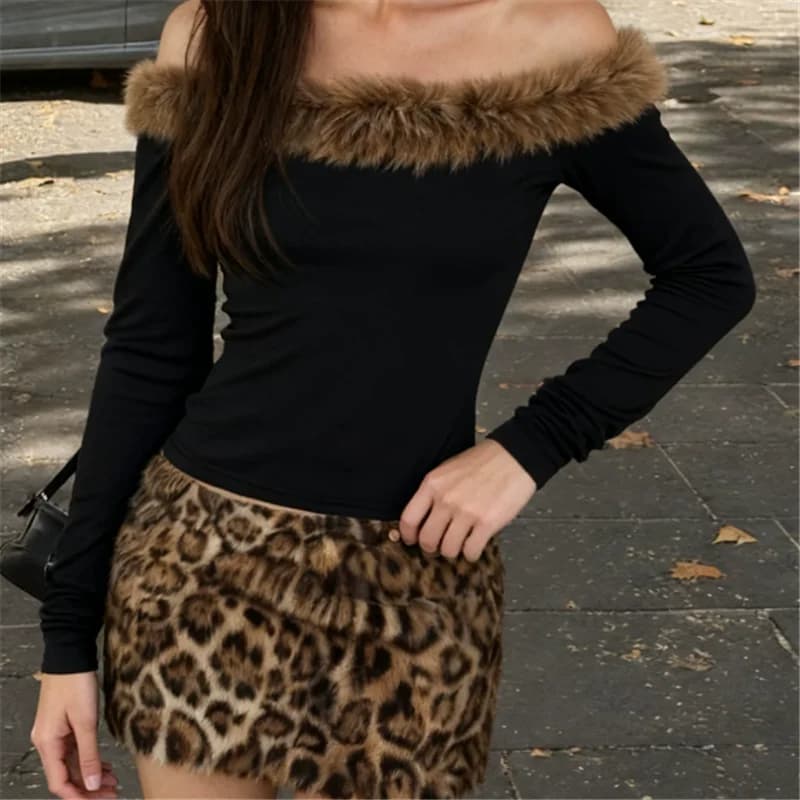Street Style Hot Faux Fur Patchwork 2 Pieces Suits 2026 New Fall Long Sleeve Slash Neck Shirt Top&Leopard Pencil Mini Skirt Sets