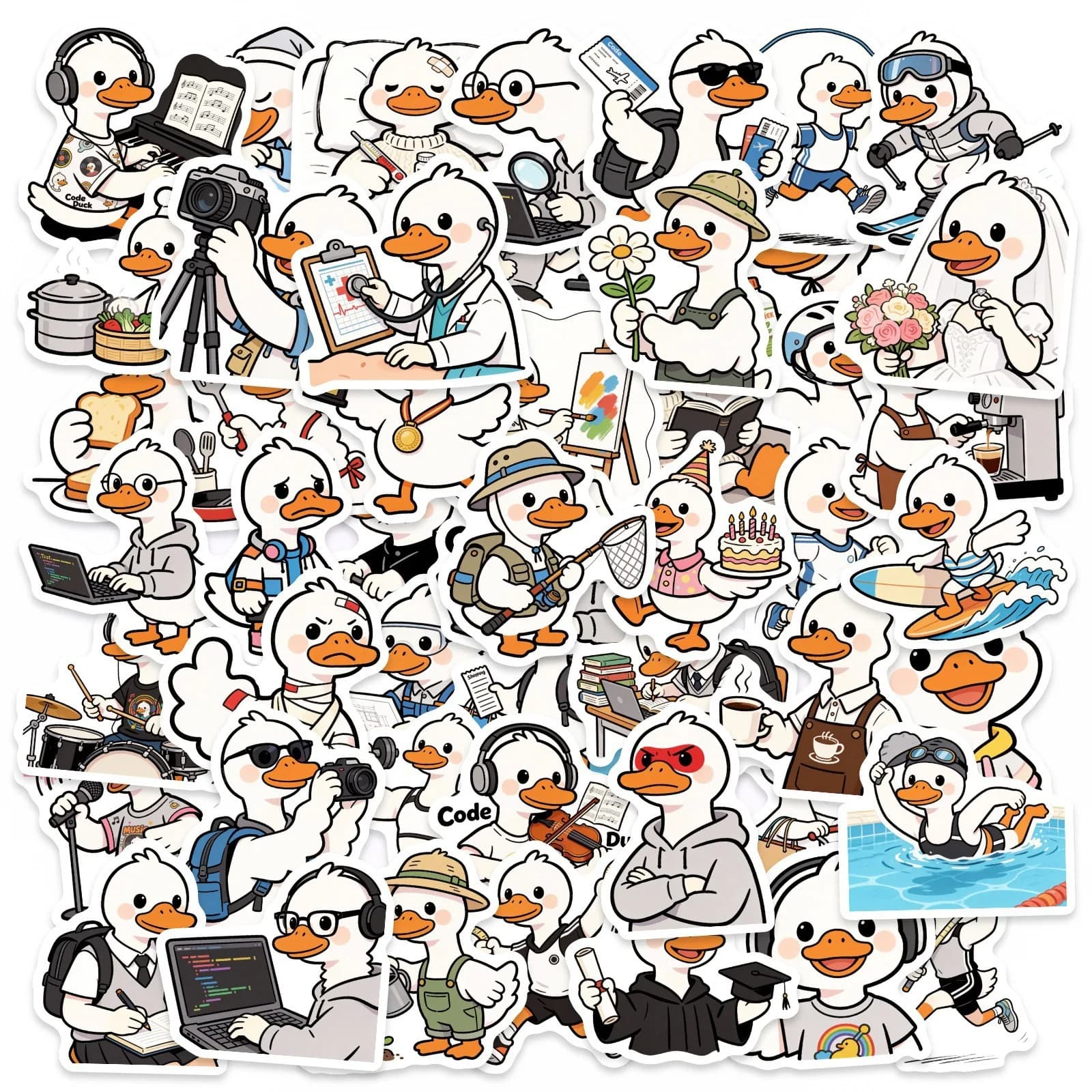 50/100 Pezzi Adesivi HD in PP con Simpatiche Anatre Cartoonesque per Valigie, Laptop, Cartelle, Scrivania, Ufficio, Casco