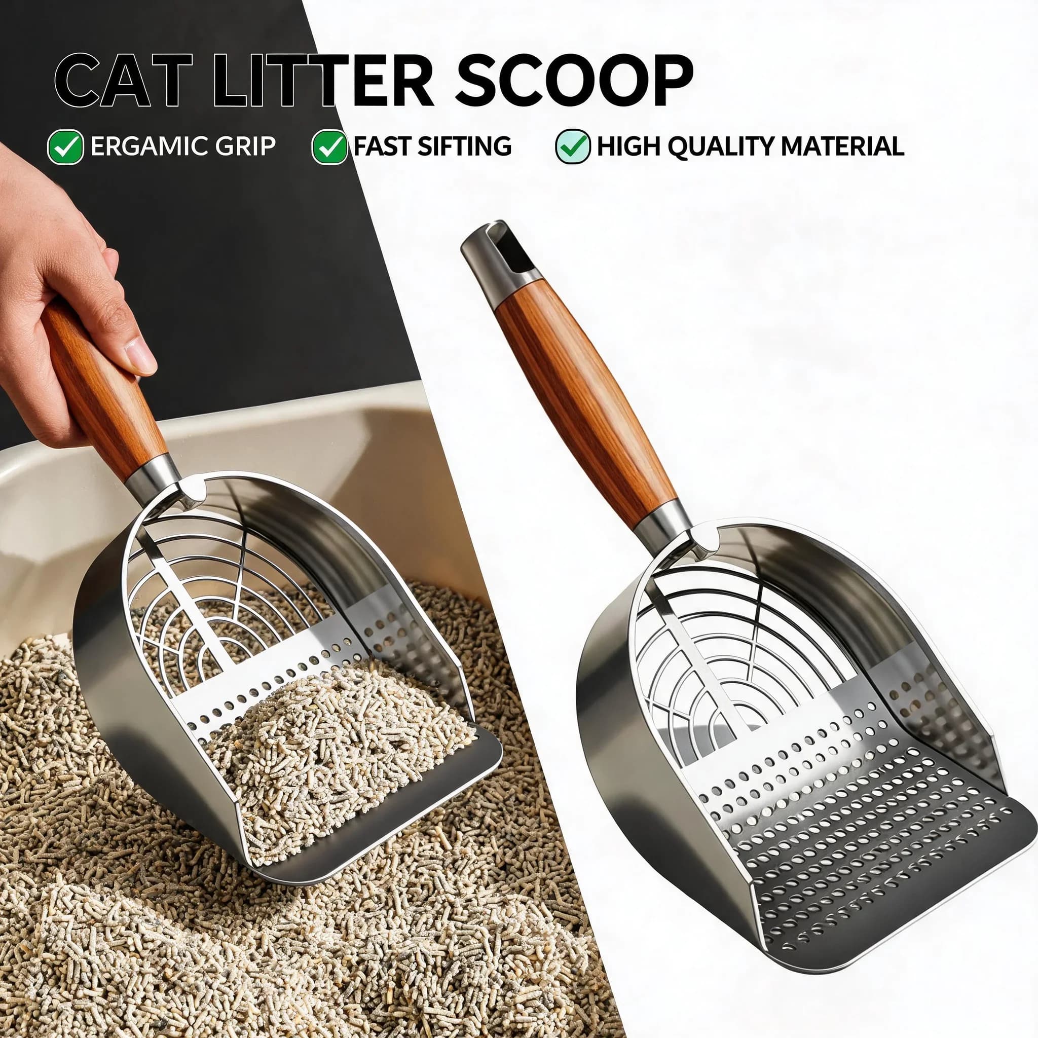 Sifter Dual Sifting Design Durable 304 Stainless Steel Cat Litter Scoop Litter Shovel Wooden Handle For Cat Litter Box Cleaning