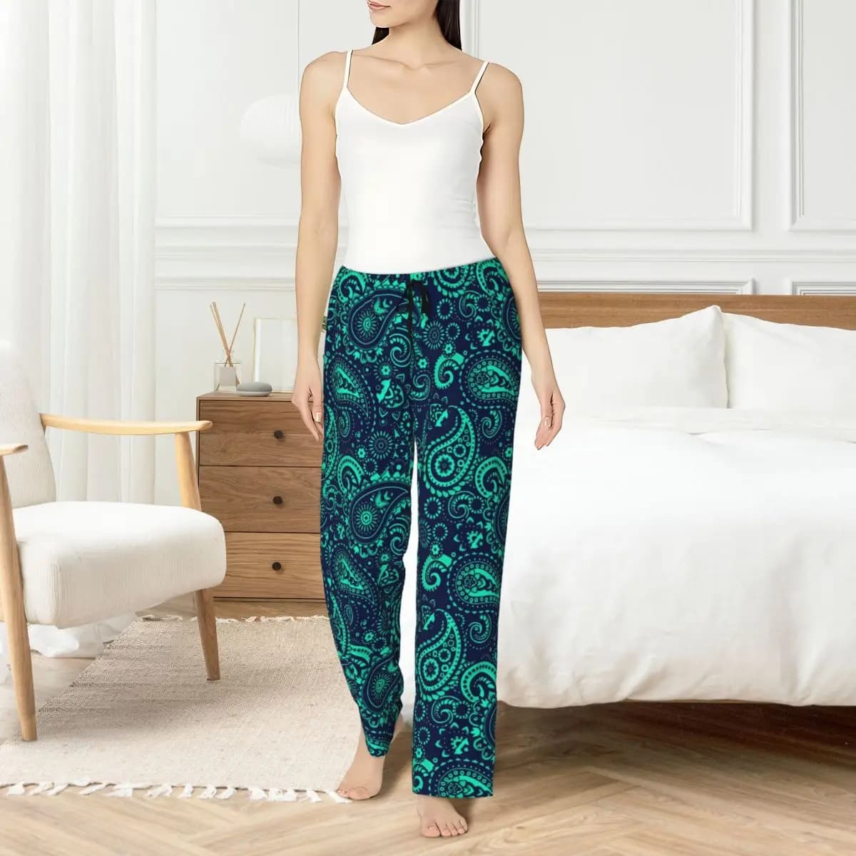 Paisley pajamas pants with custom print Women's night trousers with floral pattern with pockets