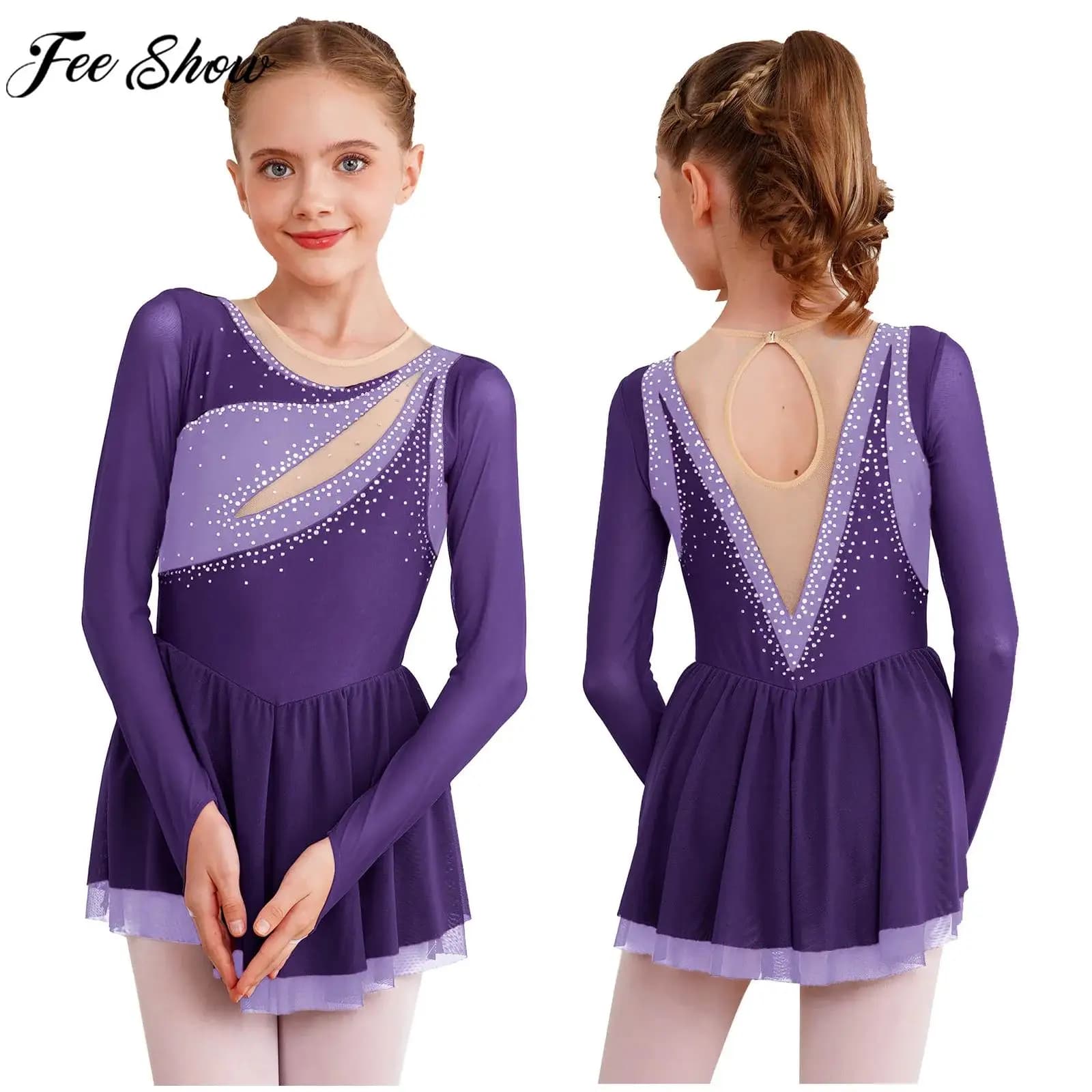 Costume da pattinaggio artistico per bambina, danza lirica, balletto, ginnastica, body, manica lunga, strass, maglia trasparente, abbigliamento da ballo