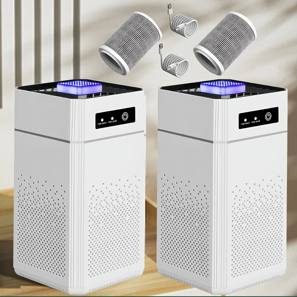 2 set di purificatori d'aria per ambienti di grandi dimensioni con filtri e cavo di ricarica USB, rimuovono odori e polvere, purificatori d'aria per casa, camera da letto, ufficio