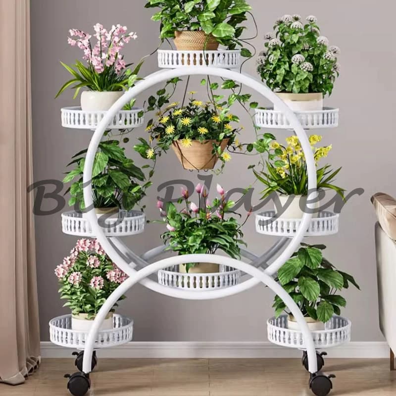 Supporto per piante in metallo con ruote Portafiori da 6 vasi per giardini interni ed esterni Porta piante per uso in giardino Supporto per piante mobile