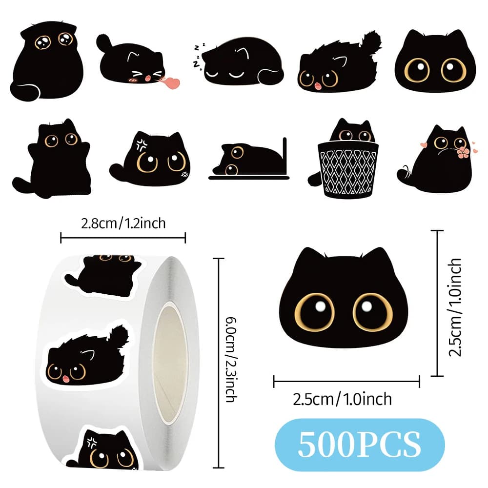 500 Pezzi Adesivi Creativi e Divertenti a Forma di Gatto Nero, Rotolo di Adesivi per Graffiti, Telefono, Notebook, Chitarra, Bicicletta, Decorazione Impermeabile per Cartoni Animati