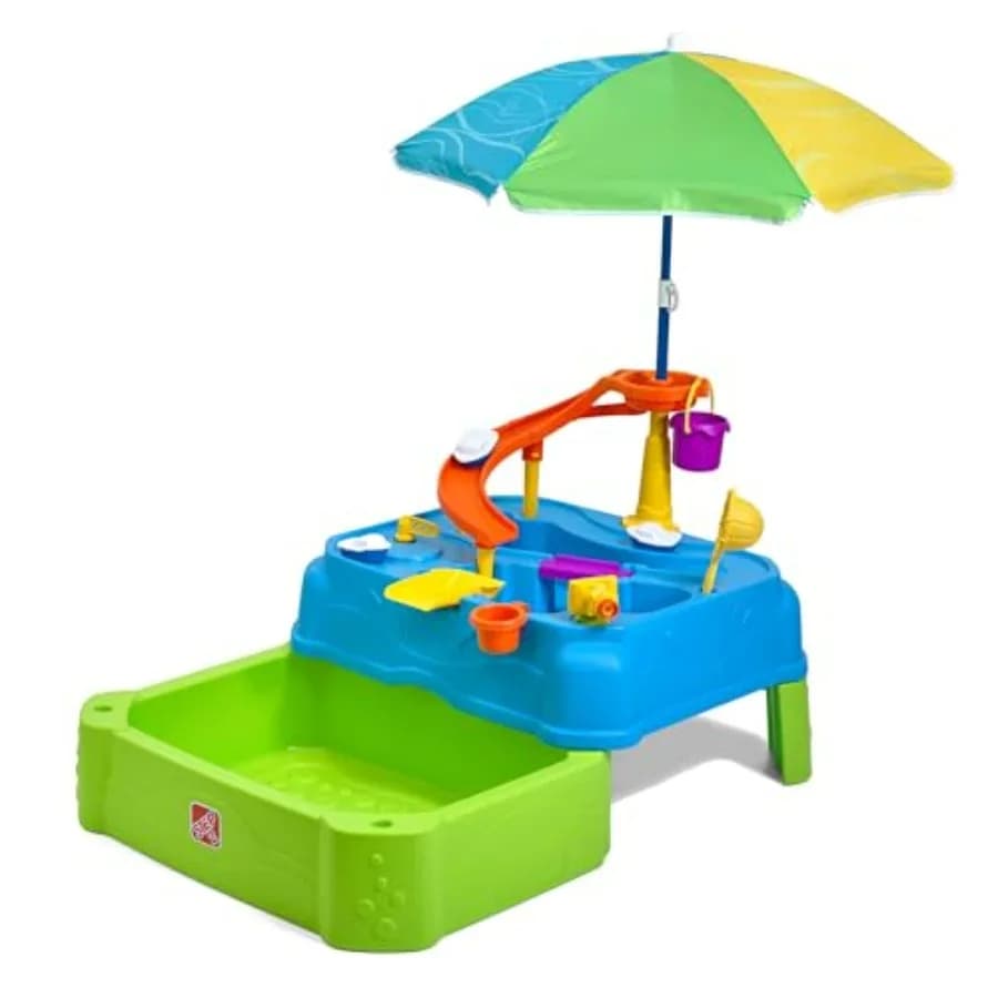 Set Giochi d'Acqua Estivi per Esterni per Bambini da 18 Mesi+ - Tavolo Acquatico a Due Livelli con Ombrellone, Spruzzatore da Giardino e 11 Accessori Blu con Sensore