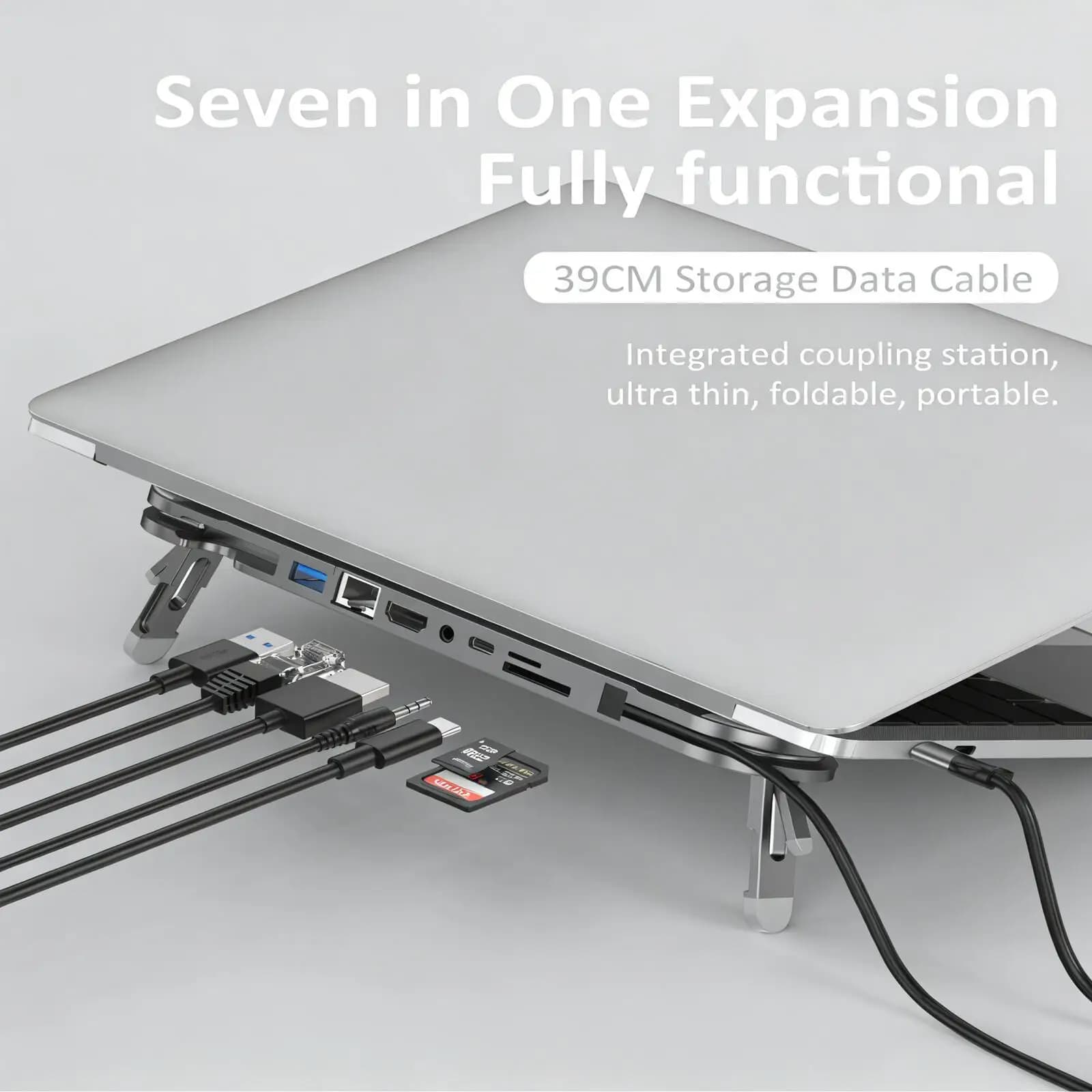 Supporto per Laptop 7-in-1 Multifunzionale con Docking Station USB Type-C, HDMI, USB 3.0, Lettore di Schede e Raffreddamento per Notebook