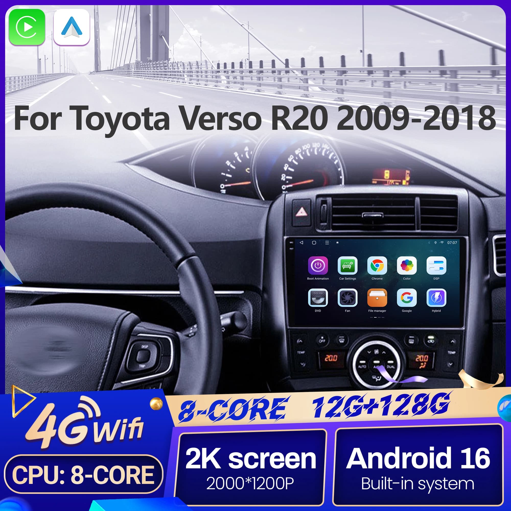 9" For Toyota Verso R20 2009-2018 Car Multimedia Radio Android 16 System BT Carplay Android Auto 2K QLED Screen 4G GPS 5G WIFI
