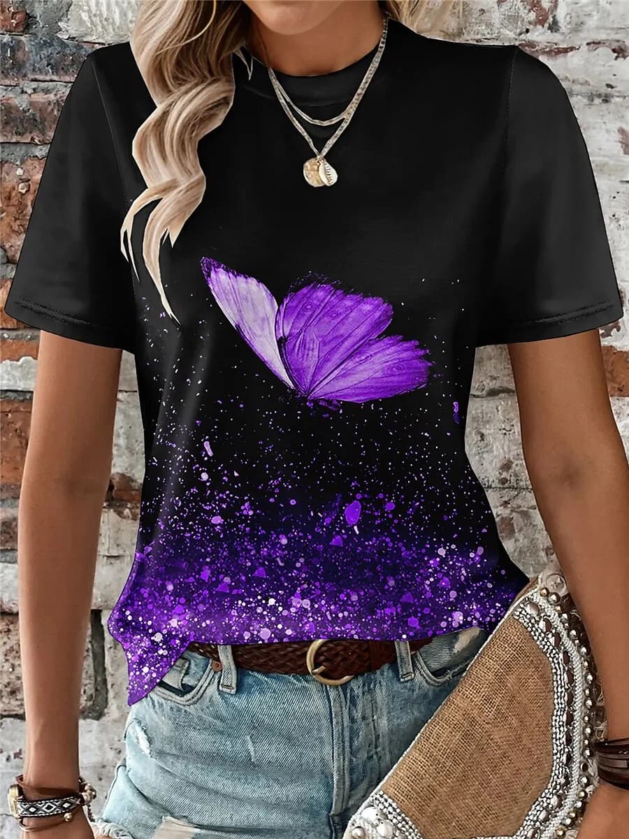 T-shirt casual con stampa sfumata con farfalle e glitter, girocollo, manica corta, per donna, per vacanze estive, viaggi e abiti quotidiani