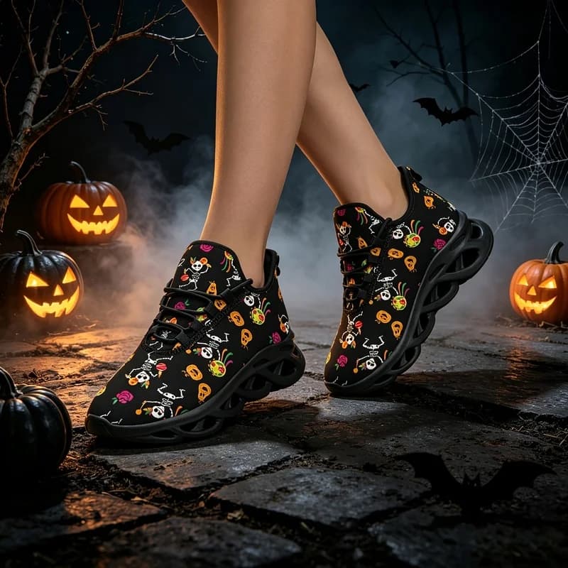 Ladies Men Running Shoes Day of the Dead Cartoon Skull Rose Full Print Breathable Running Shoes，Black hollowed-out sole unisex s