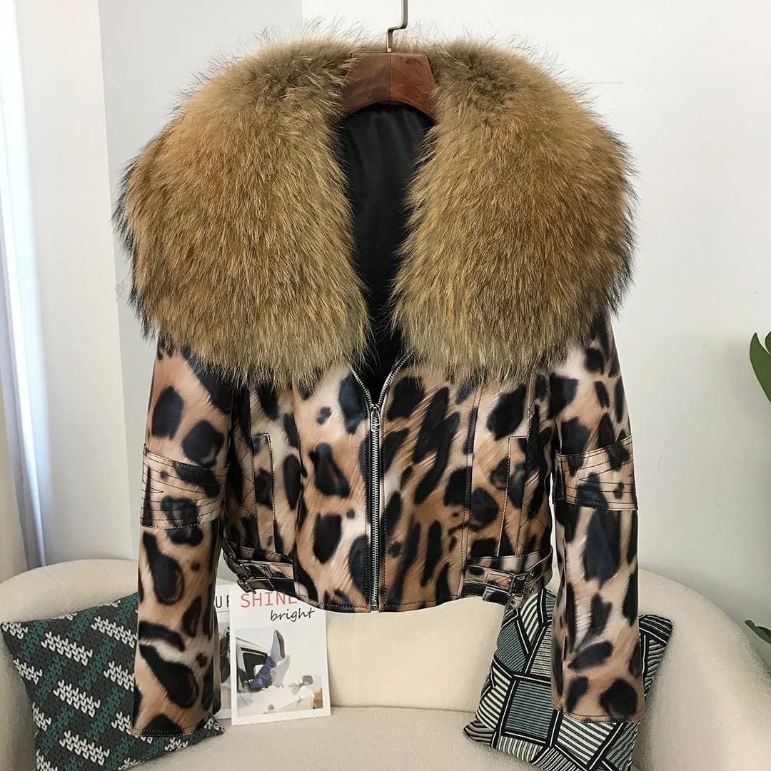 Fashion Winter Short Real Raccoon Fur Big Collar Genuine Leathert Coat High-quality Sheepskin Leopard Print Motorcycle Jacket