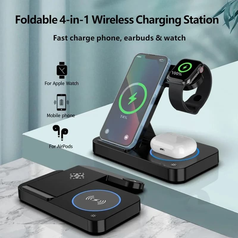 4 in 1 Folding Wireless Charger Station Fast Charging Dock for Phone Watch Earbuds Multifunction Stand Qi-Certified