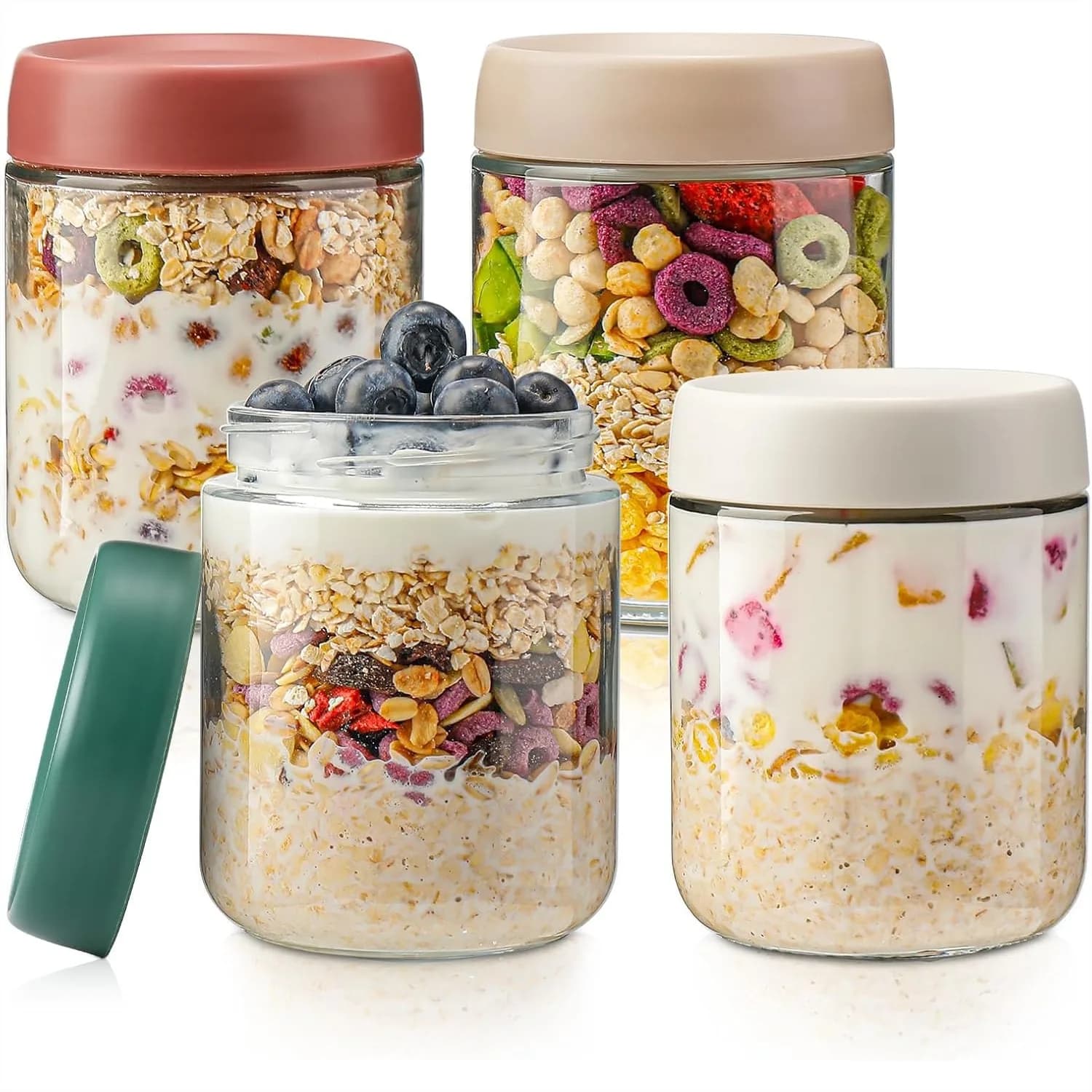 Barattoli in Vetro con Coperchi per Overnight Oats, Set da 4 da 16oz, Contenitori Ermetici per Preparazione Pasti